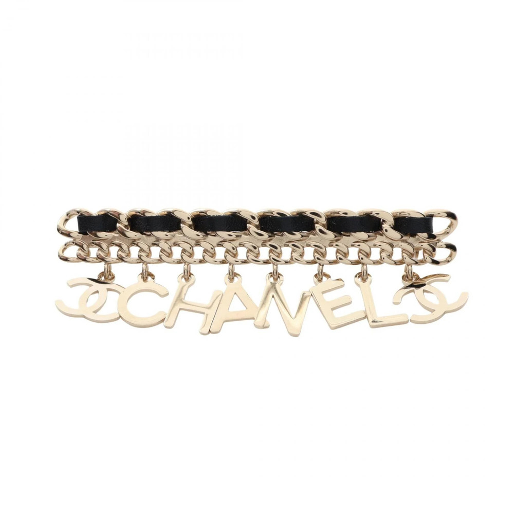 Chanel logo chain brooch accessory, gold plated leather, women's, gold/black ...